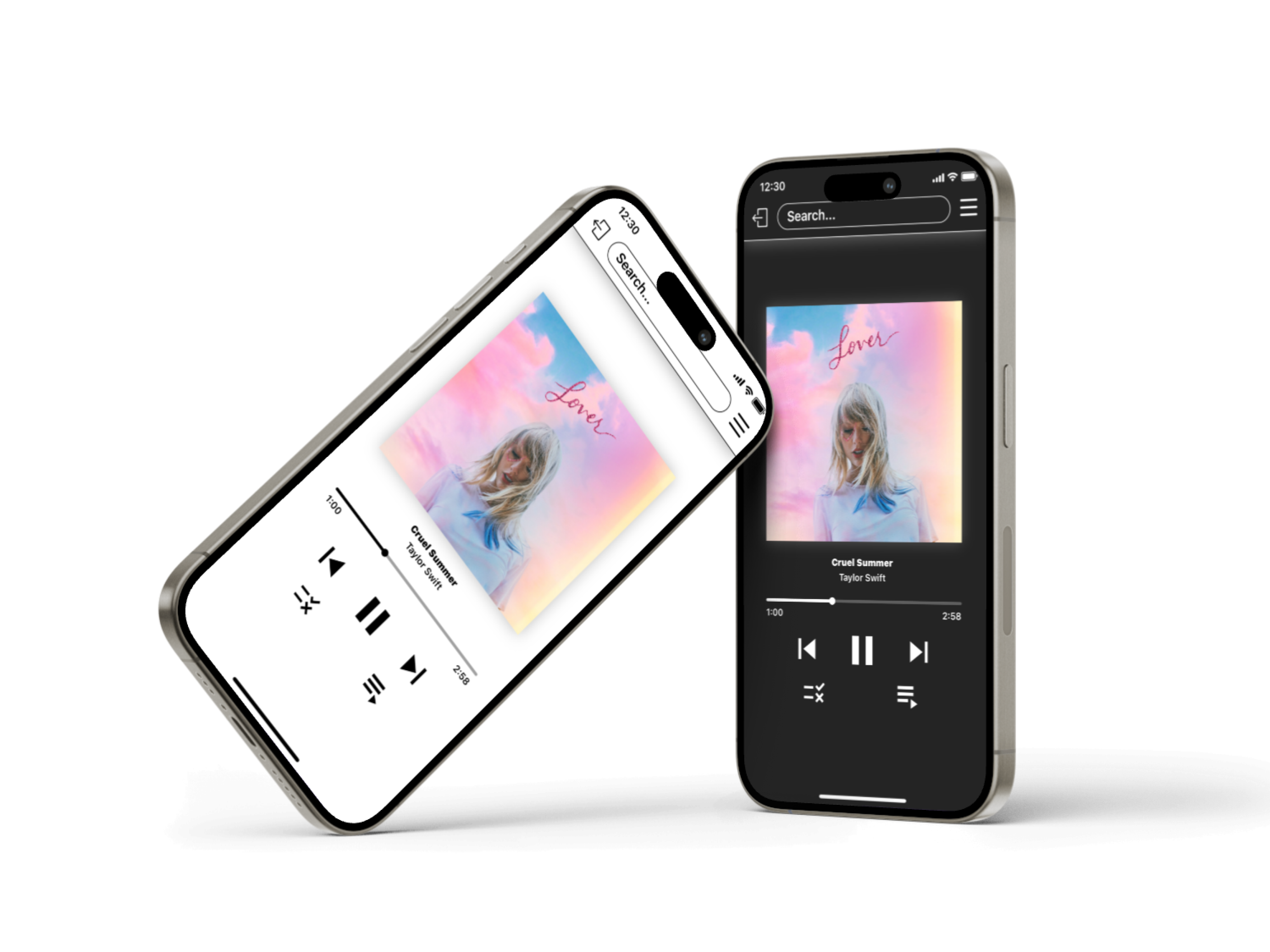 Image of dark and light mode of music playing within app